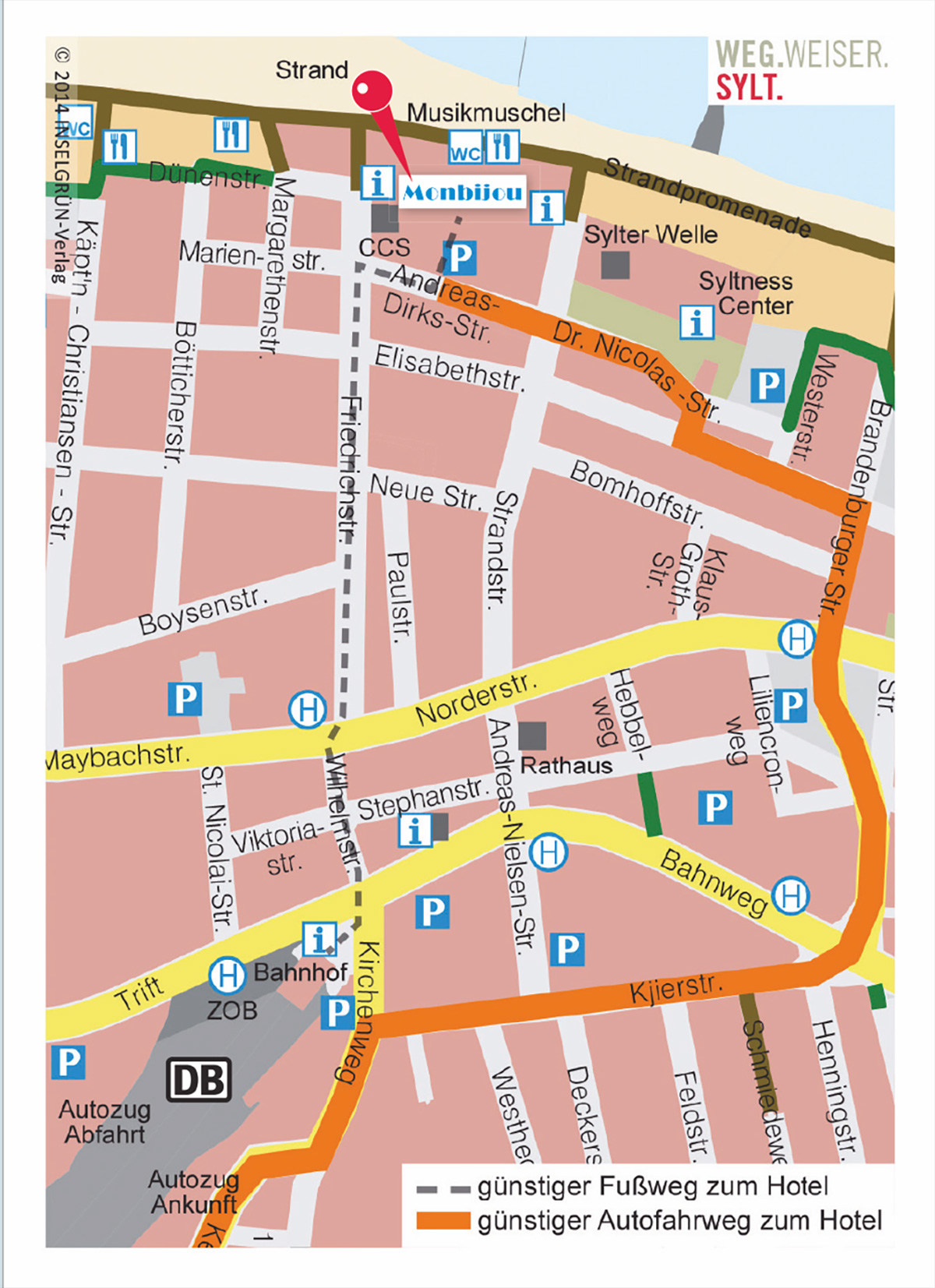Ein Stadtplan mit der Beschreibung wie man zum Hotel Monbijou gelangt.